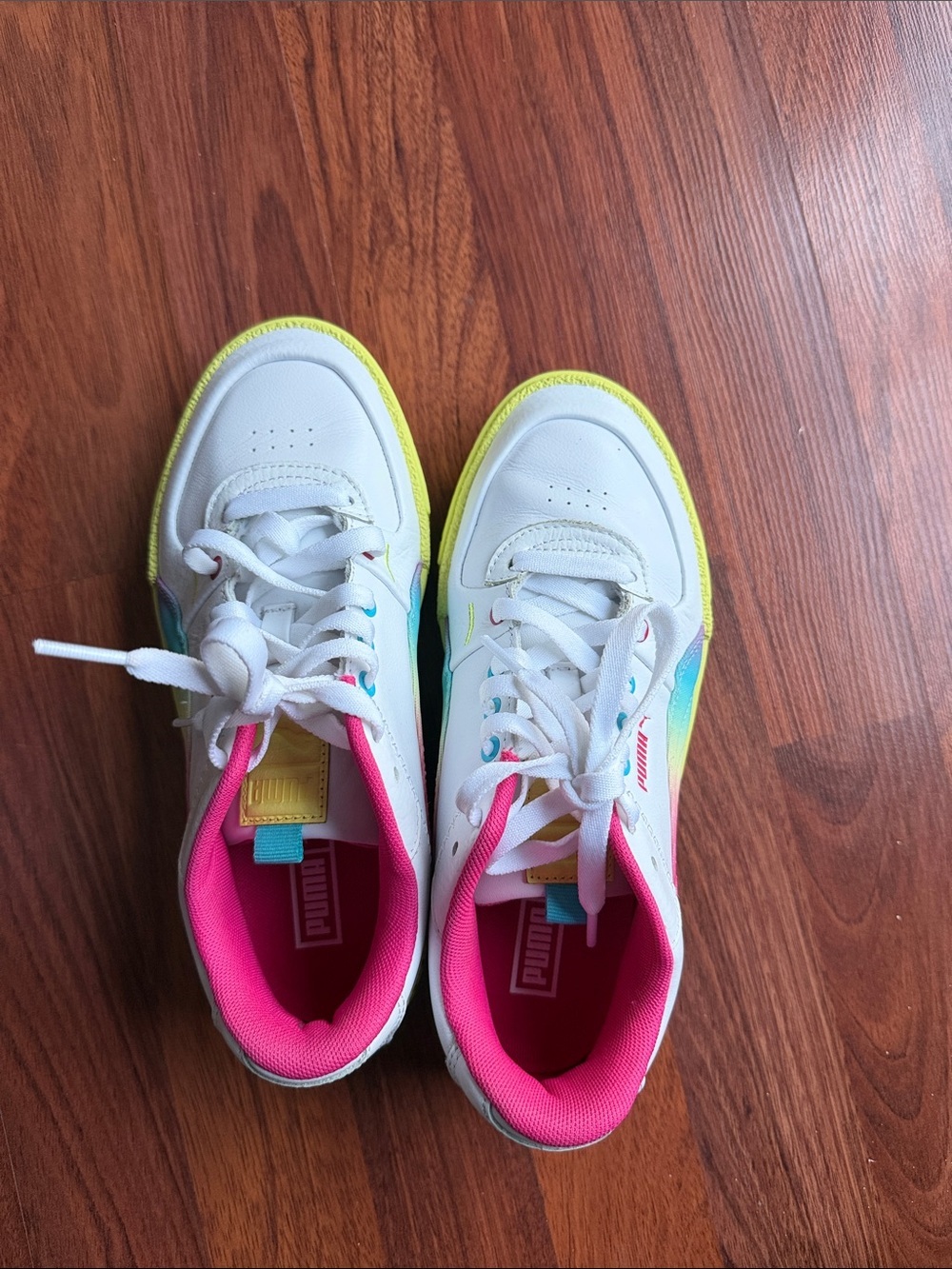 Puma White Sneakers with Neon Yellow Soles and Pink Lining - Picture 6 of 8
